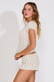 SHORT SLEEVE RIBBED FLORAL PRINT POINTELLE TOP & SHORT SET