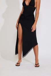TIE NECK STUD DETAIL TOP & FLOWY MIDI SKIRT SET