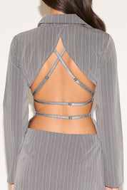 PINSTRIPE COLLARED FRONT CLOSURE LONG SLEEVE TOP