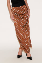 POLKA DOT PRINT RUCHED SATIN MAXI SKIRT
