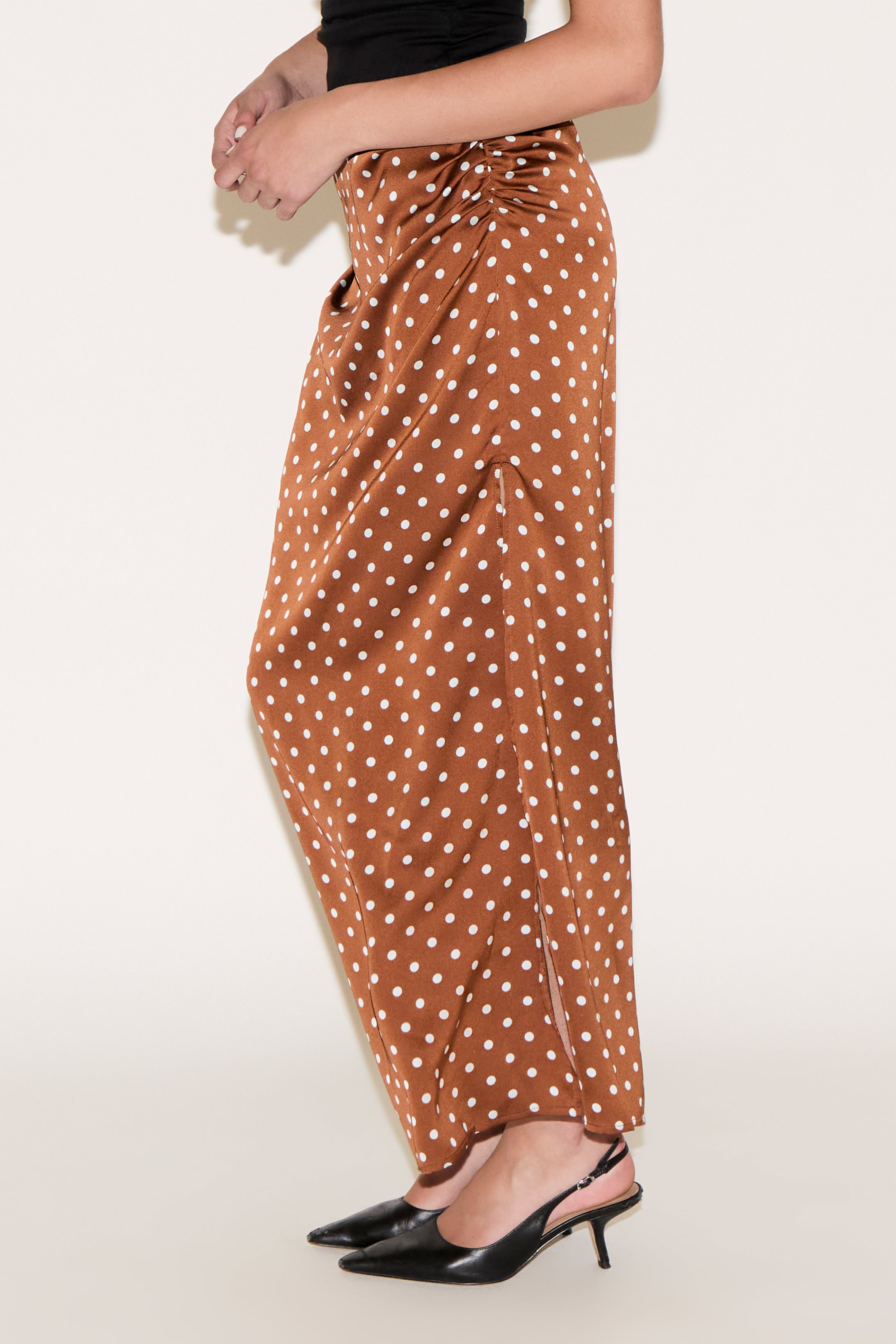 POLKA DOT PRINT RUCHED SATIN MAXI SKIRT