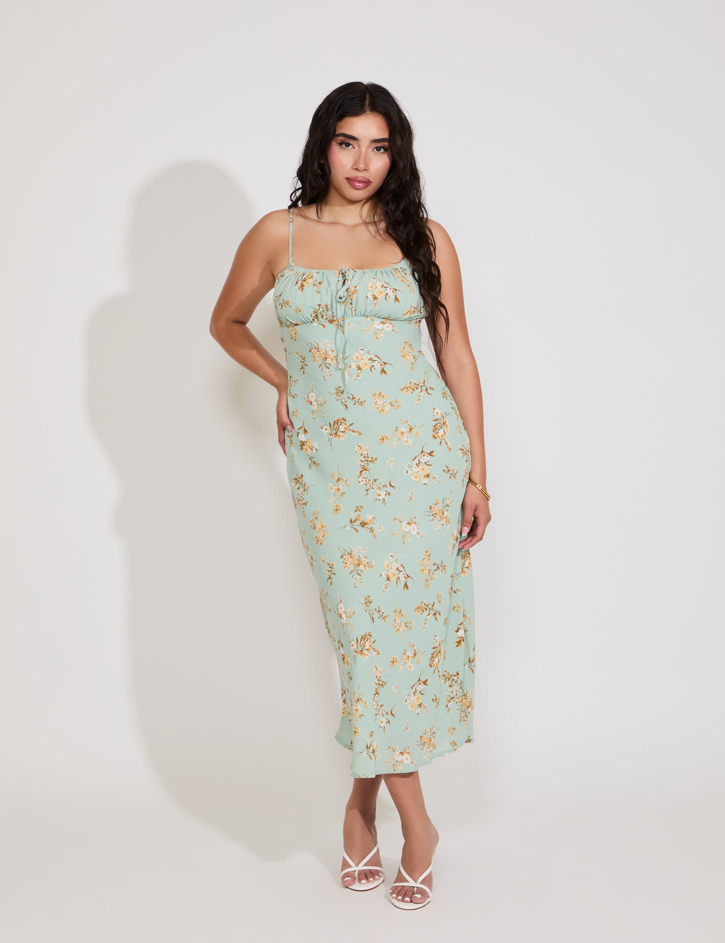 FLORAL SPAGHETTI STRAP DRAWSTRING FRONT MIDI DRESS