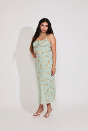 FLORAL SPAGHETTI STRAP DRAWSTRING FRONT MIDI DRESS