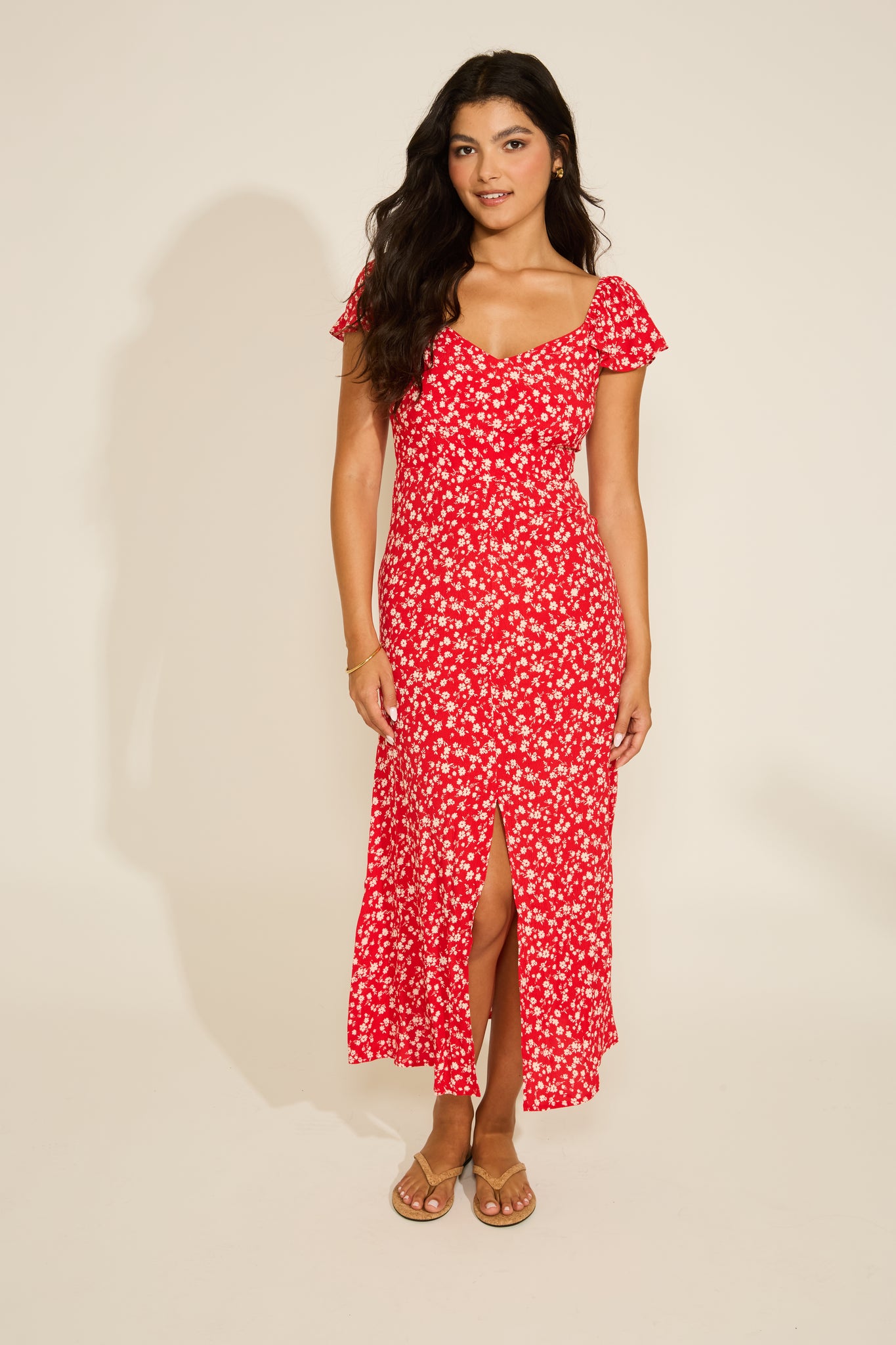 Floral Short Sleeve Front Slit Midi Dress DS / Red / L Floral Short Sleeve Front Slit Midi Dress DS / Red / L
