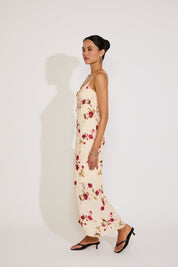 WOVEN FLORAL PRINT SLEEVELESS MIDI DRESS W FRONT TIE