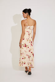 WOVEN FLORAL PRINT SLEEVELESS MIDI DRESS W FRONT TIE