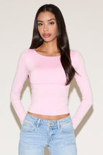 BOAT NECK RUCHED SOLID COLOR LONG SLEEVE TOP