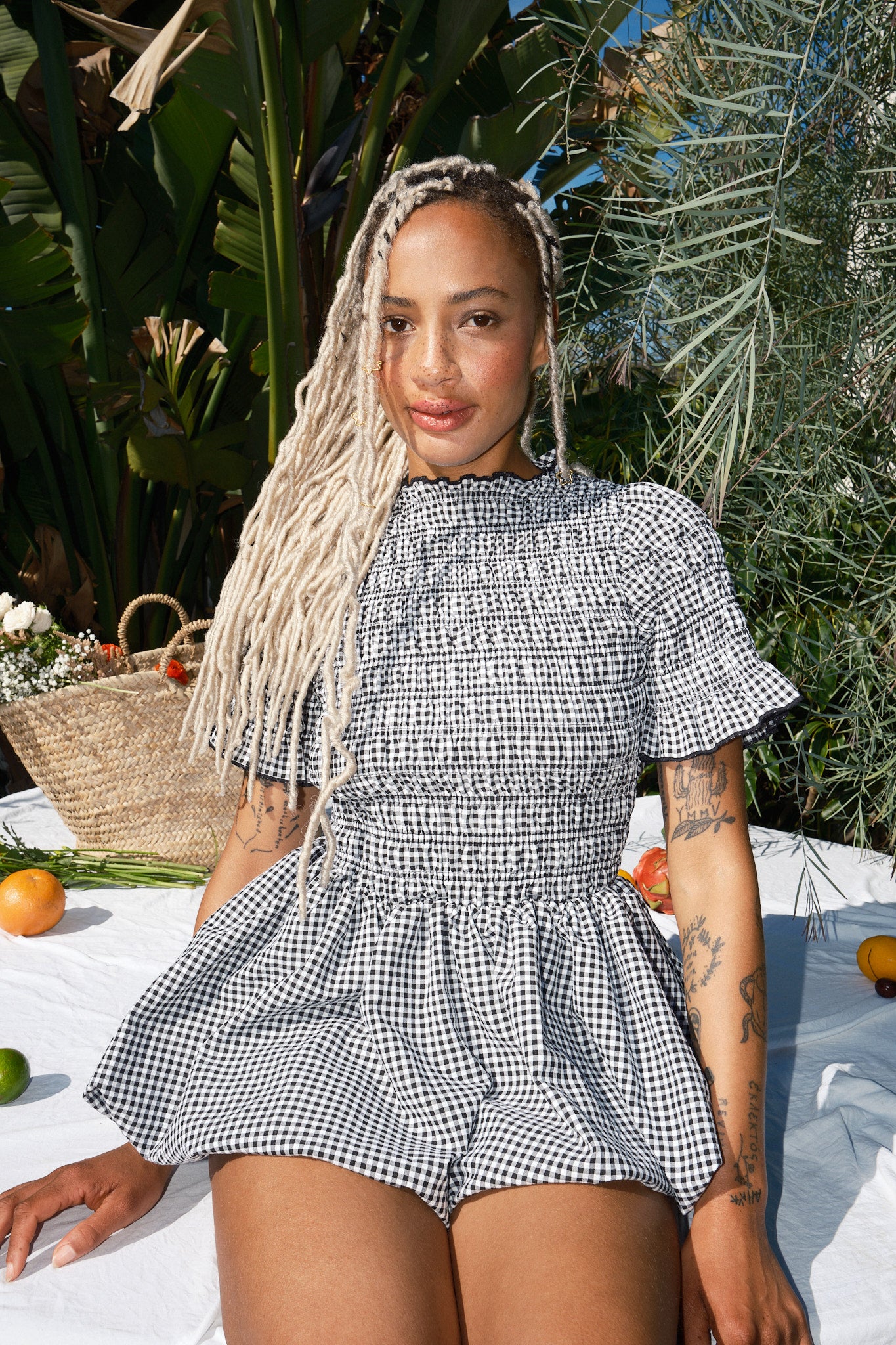 GINGHAM PRINT BALLOON HEM MINI DRESS