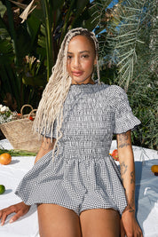 GINGHAM PRINT BALLOON HEM MINI DRESS