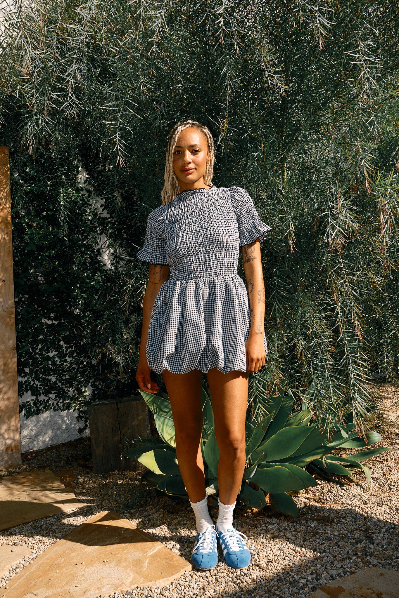 GINGHAM PRINT BALLOON HEM MINI DRESS