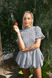 GINGHAM PRINT BALLOON HEM MINI DRESS