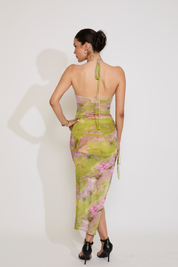 BEADED TIE STRAP FLORAL PRINT ASYMMETRIC MINI DRESS