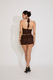 MESH HALTER NECK CORSET TOP & SHORT SET