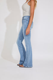 LIGHT WASH HIGH RISE LONG FLARE DENIM PANT