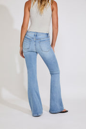 LIGHT WASH HIGH RISE LONG FLARE DENIM PANT