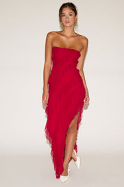 BIAS RUFFLES STRAPLESS MESH MAXI DRESS WITH SLIT