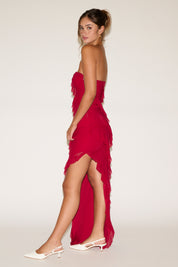 BIAS RUFFLES STRAPLESS MESH MAXI DRESS WITH SLIT