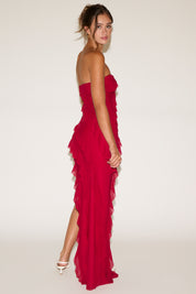 BIAS RUFFLES STRAPLESS MESH MAXI DRESS WITH SLIT
