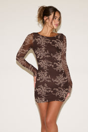 CONTRAST FLORAL OVERLAY MESH LONG SLEEVE MINI DRESS