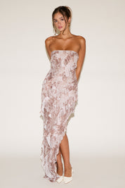 FLORAL PRINT BIAS RUFFLE STRAPLESS MAXI DRESS
