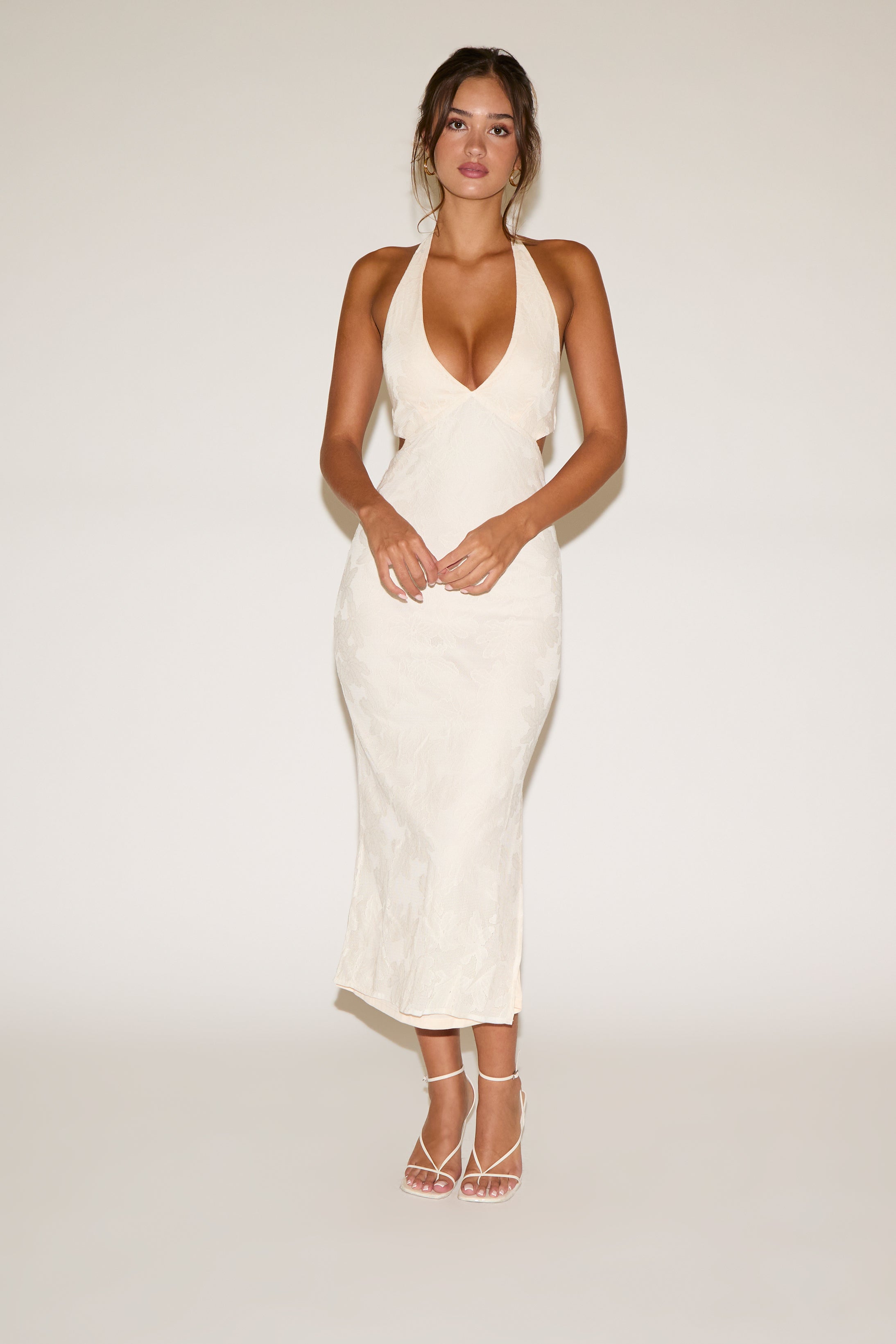 HALTER NECK SIDE CUTOUTS LACE OVERLAY MAXI DRESS