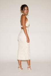 HALTER NECK SIDE CUTOUTS LACE OVERLAY MAXI DRESS