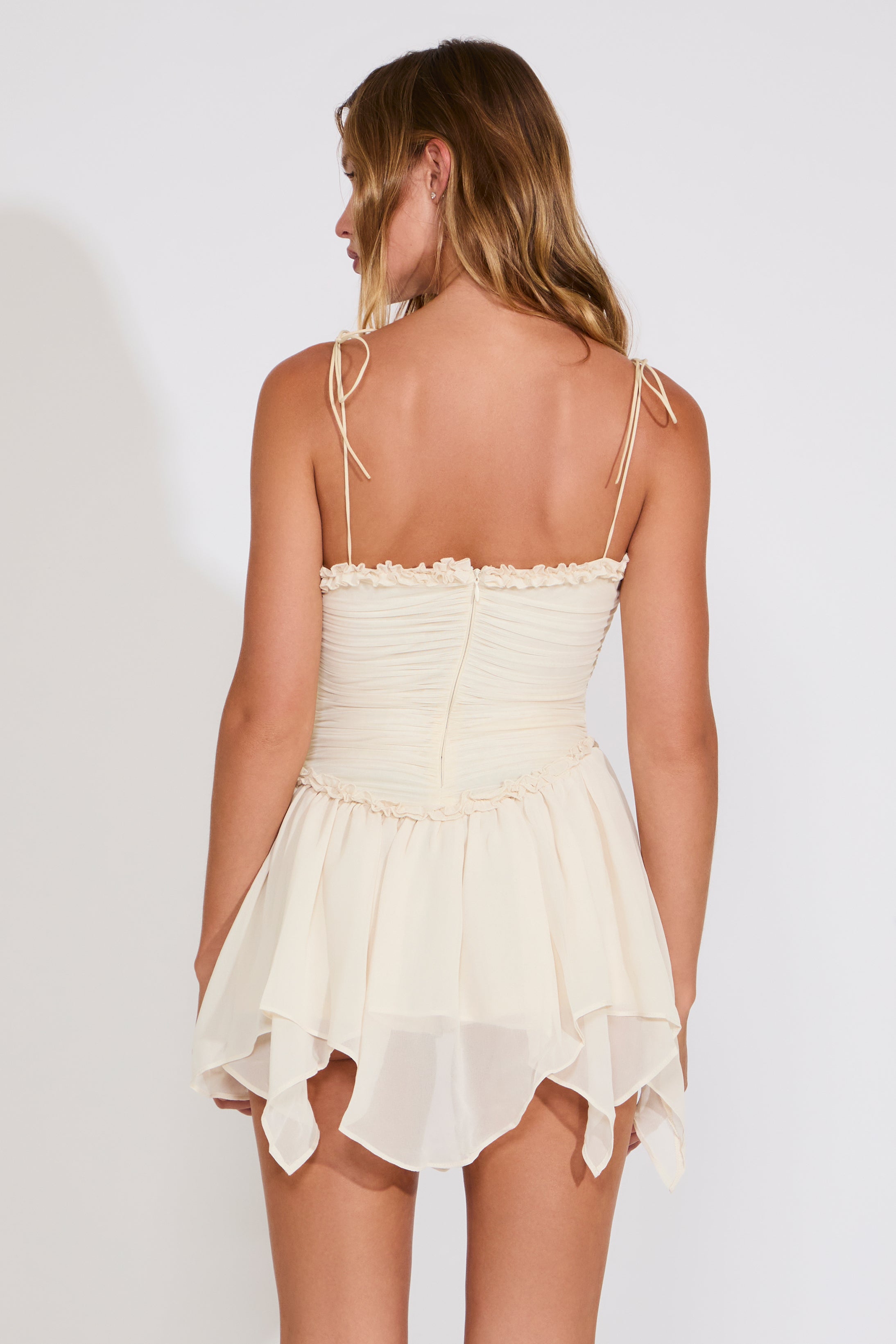 CREPE CHIFFON SLEEVELESS FRILL MINI DRESS