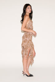 BURNOUT MESH SLEEVELESS RUFFLE MINI DRESS