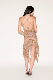 BURNOUT MESH SLEEVELESS RUFFLE MINI DRESS