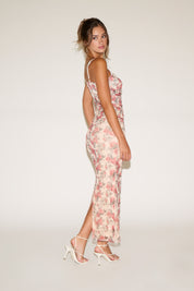 LACE TRIM FLOWER PRINT MAXI DRESS WITH BONING