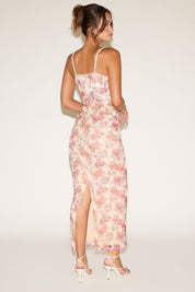 LACE TRIM FLOWER PRINT MAXI DRESS WITH BONING