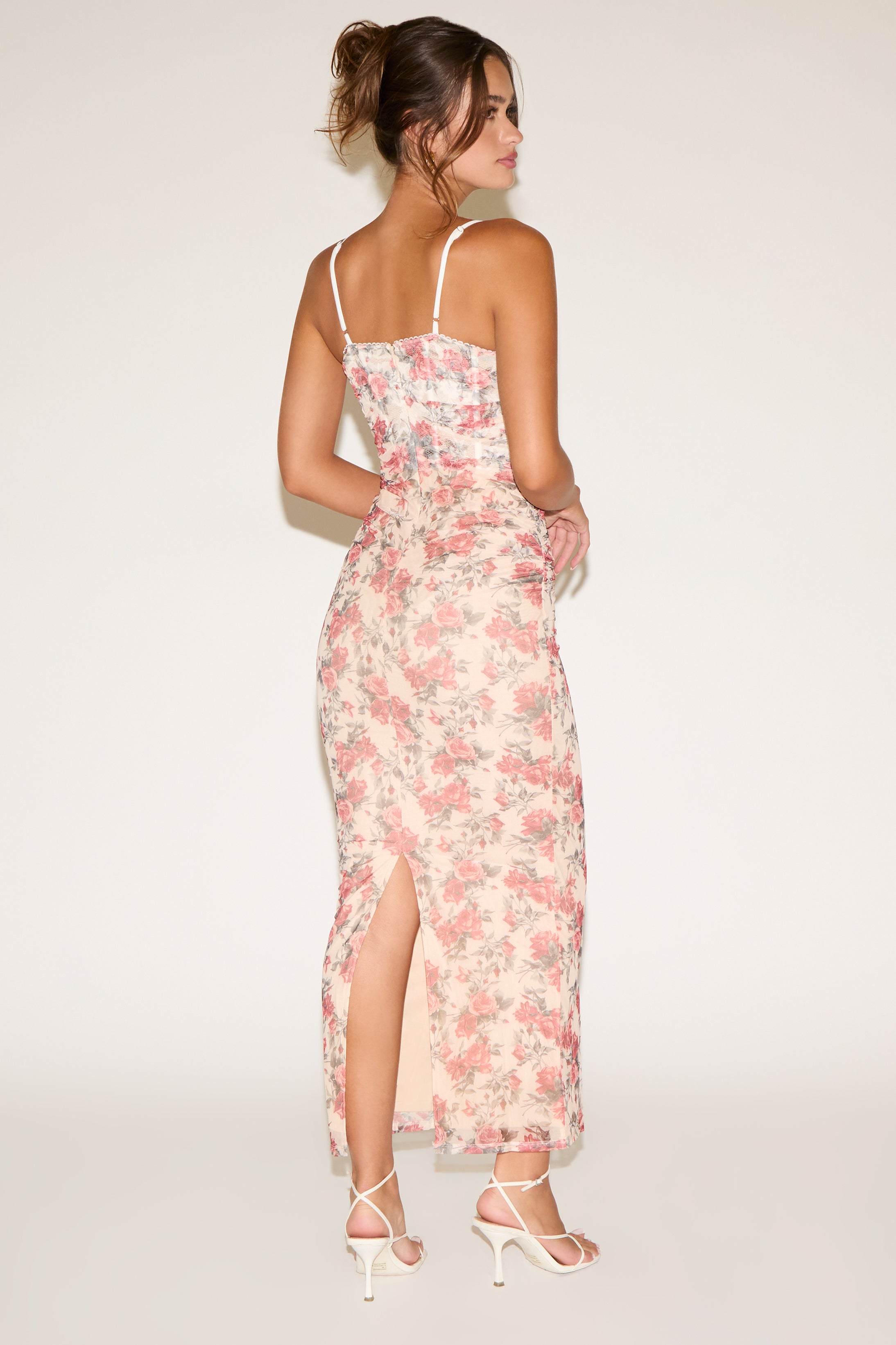 LACE TRIM FLOWER PRINT MAXI DRESS WITH BONING