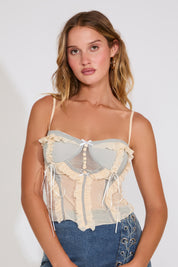 CORSET SLEEVELESS BUTTON RUFFLE RIBBON TIE TOP