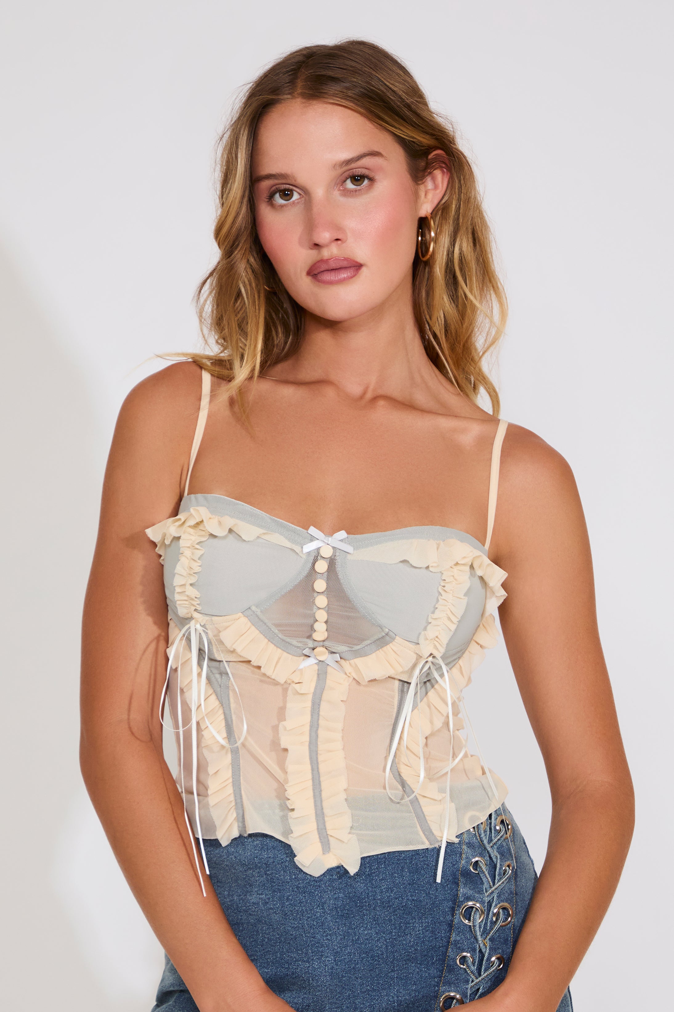 CORSET SLEEVELESS BUTTON RUFFLE RIBBON TIE TOP