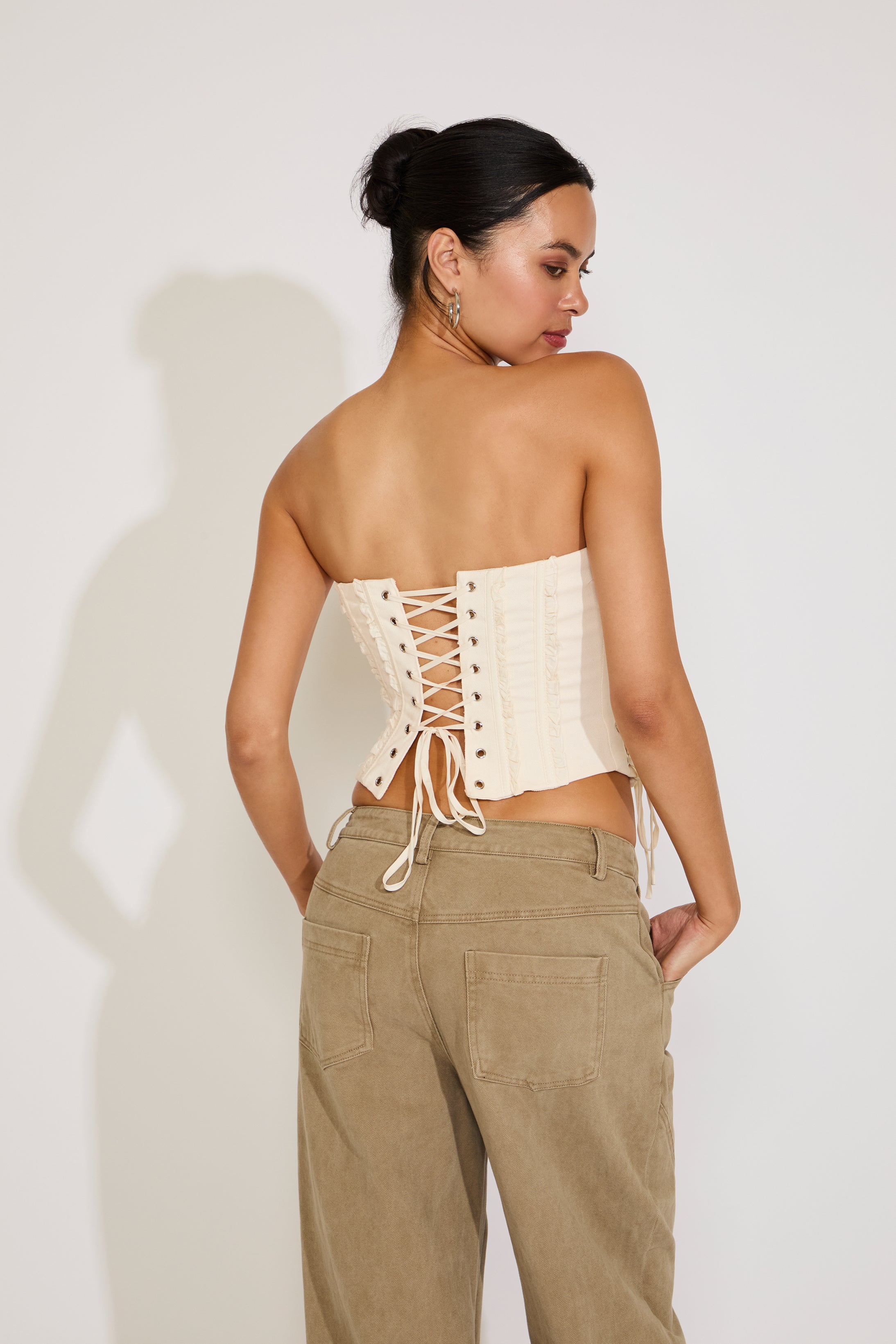 SIDE LACES RUFFLE TRIM STRAPLESS CORSET TOP