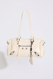 White UTILITY ZIP POCKET AND CINCHED SIDE BUCKLE LEATHER BAG