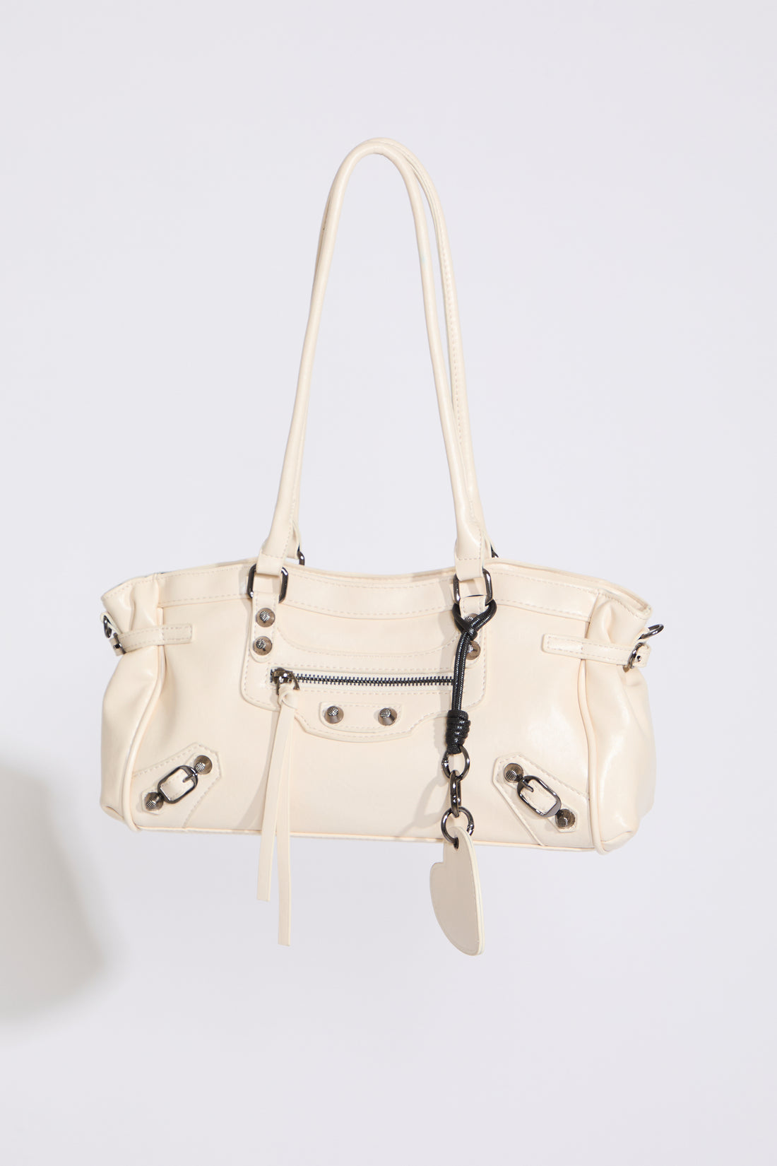 White UTILITY ZIP POCKET AND CINCHED SIDE BUCKLE LEATHER BAG