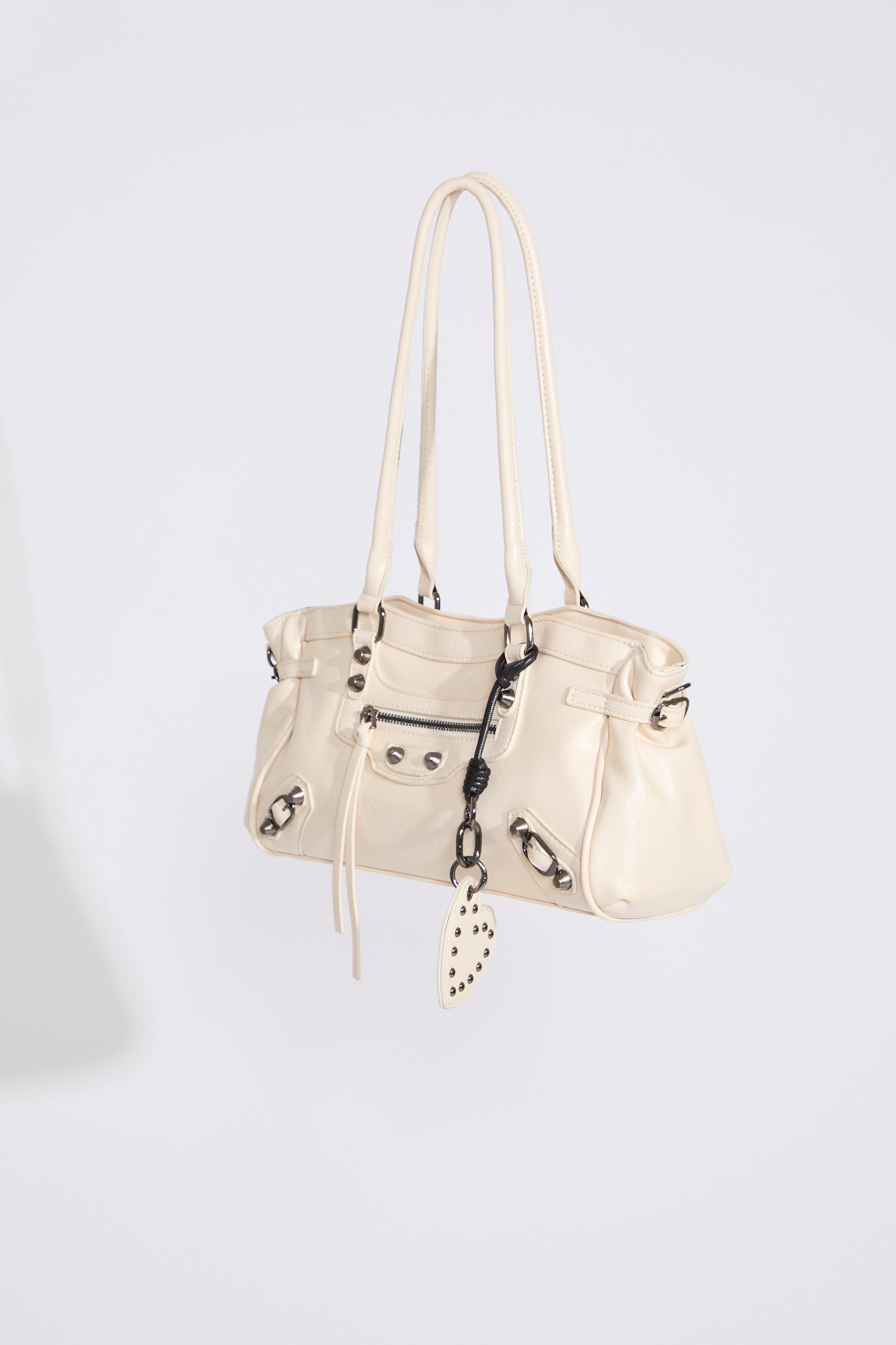 White UTILITY ZIP POCKET AND CINCHED SIDE BUCKLE LEATHER BAG