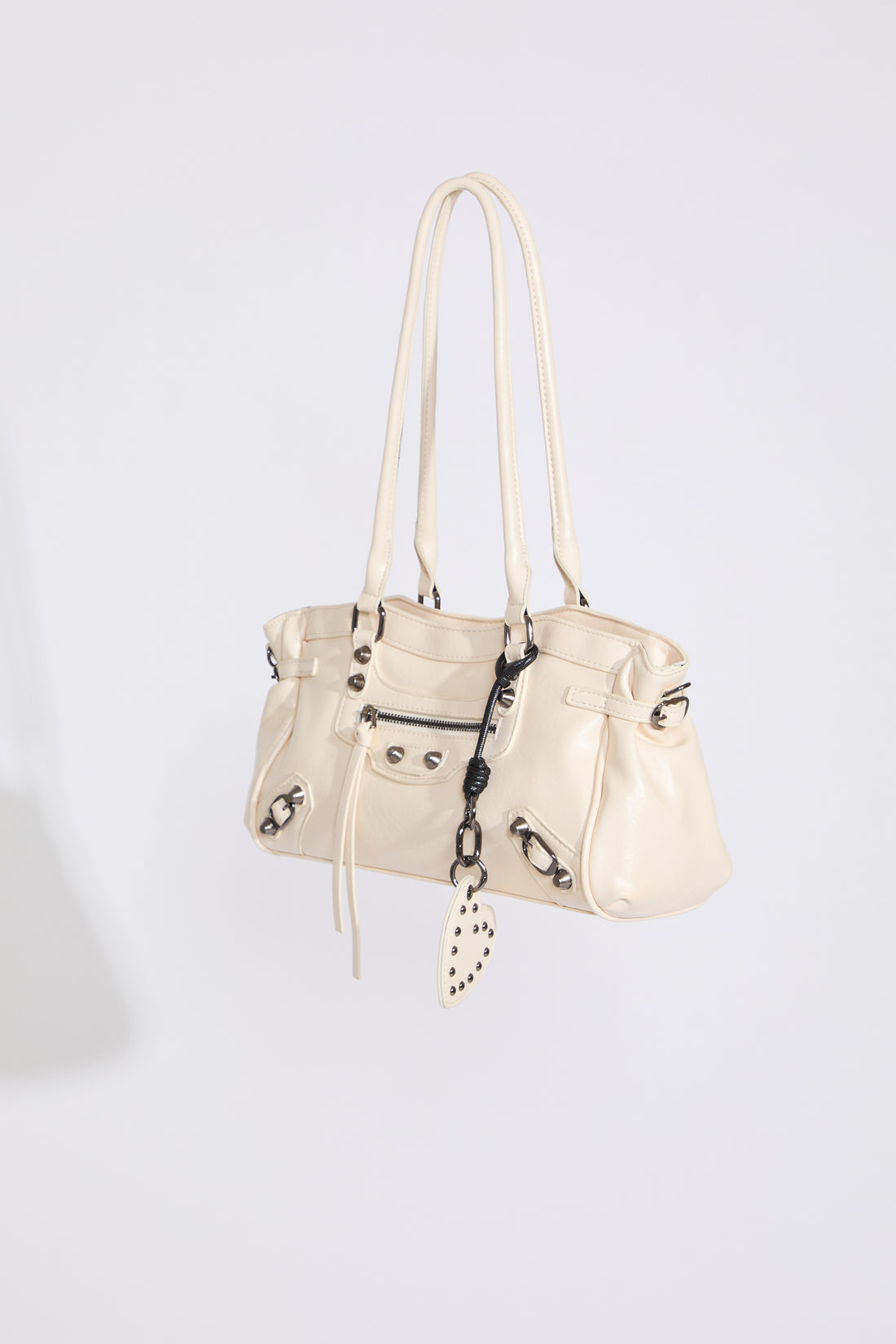 White UTILITY ZIP POCKET AND CINCHED SIDE BUCKLE LEATHER BAG