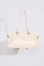 White UTILITY ZIP POCKET AND CINCHED SIDE BUCKLE LEATHER BAG