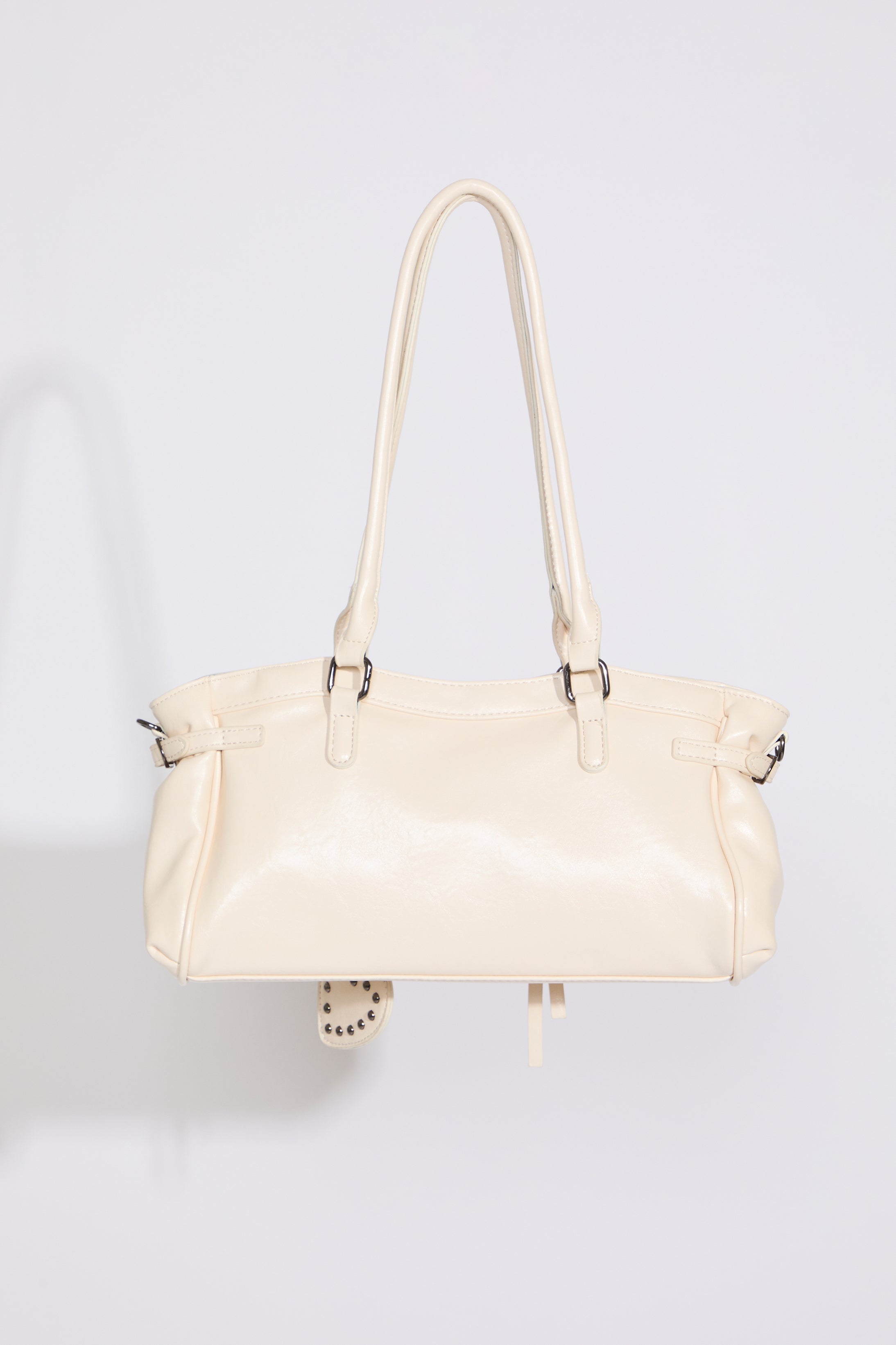 White UTILITY ZIP POCKET AND CINCHED SIDE BUCKLE LEATHER BAG