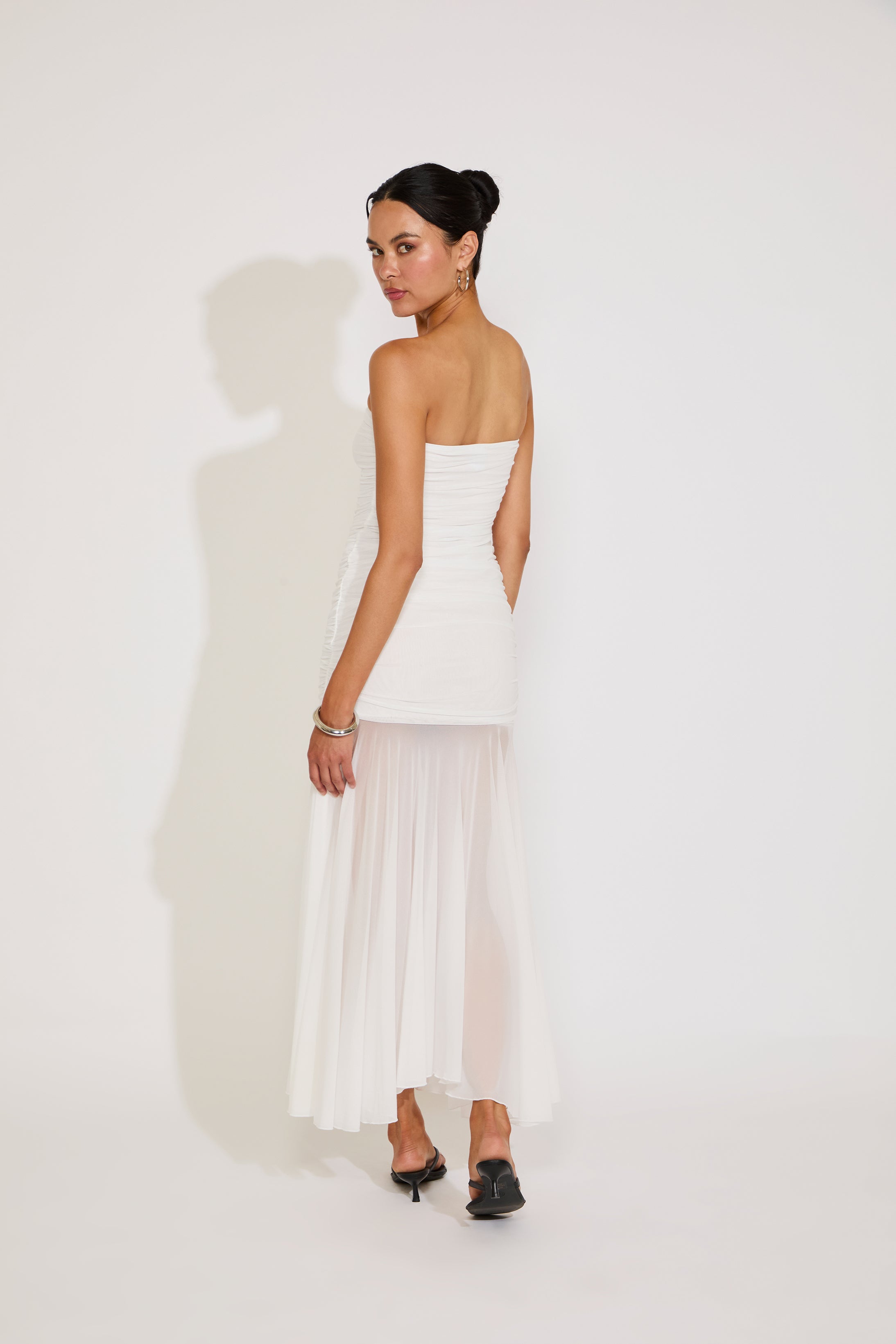 MONOCHROME SEE-THROUGH RUCHED TUBE MIDI DRESS