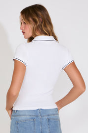 SHORT SLEEVE LINE DETAIL POLO RIB KNIT TOP