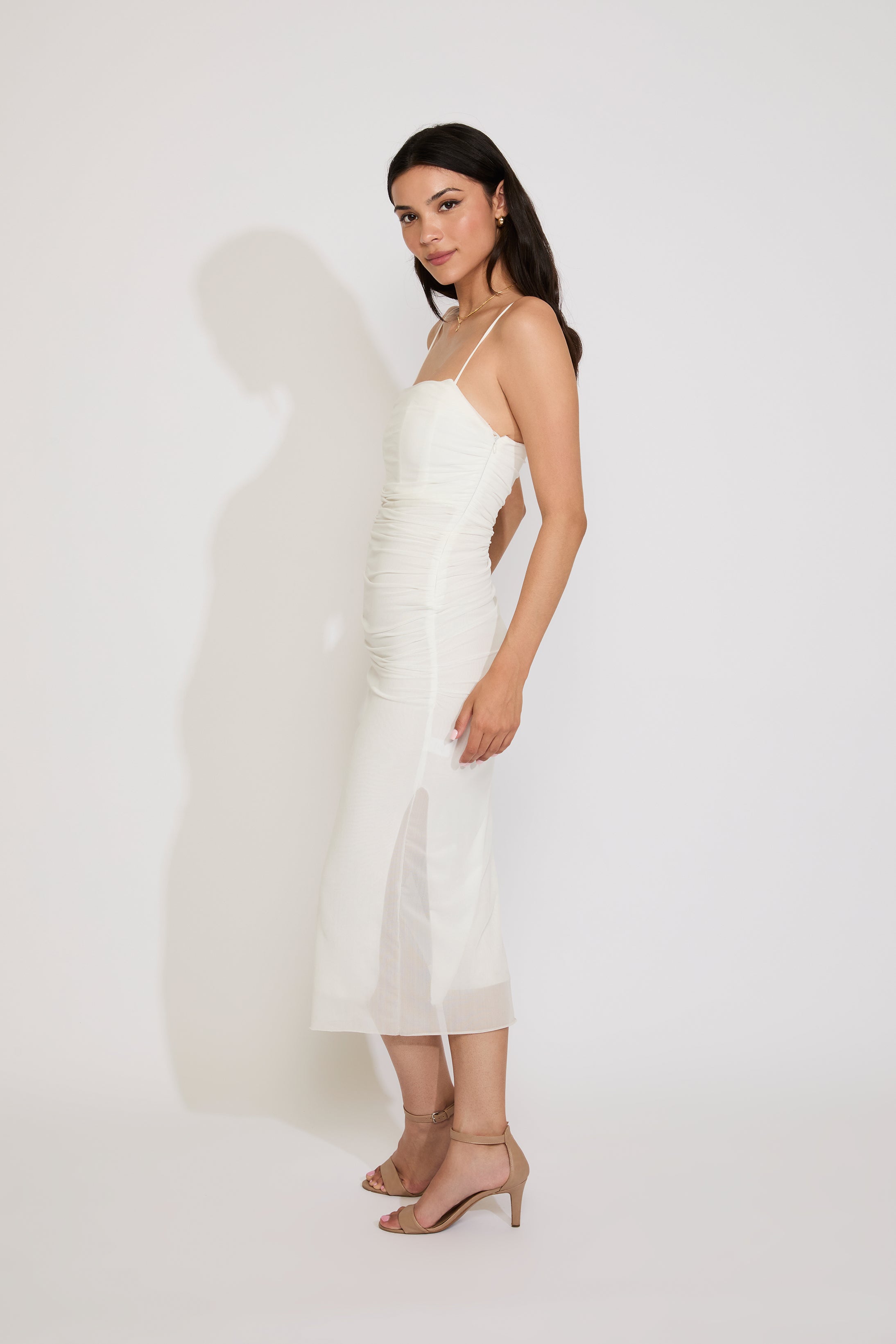 SPAGHETTI STRAP MESH DRAPING OPEN BACK MAXI DRESS