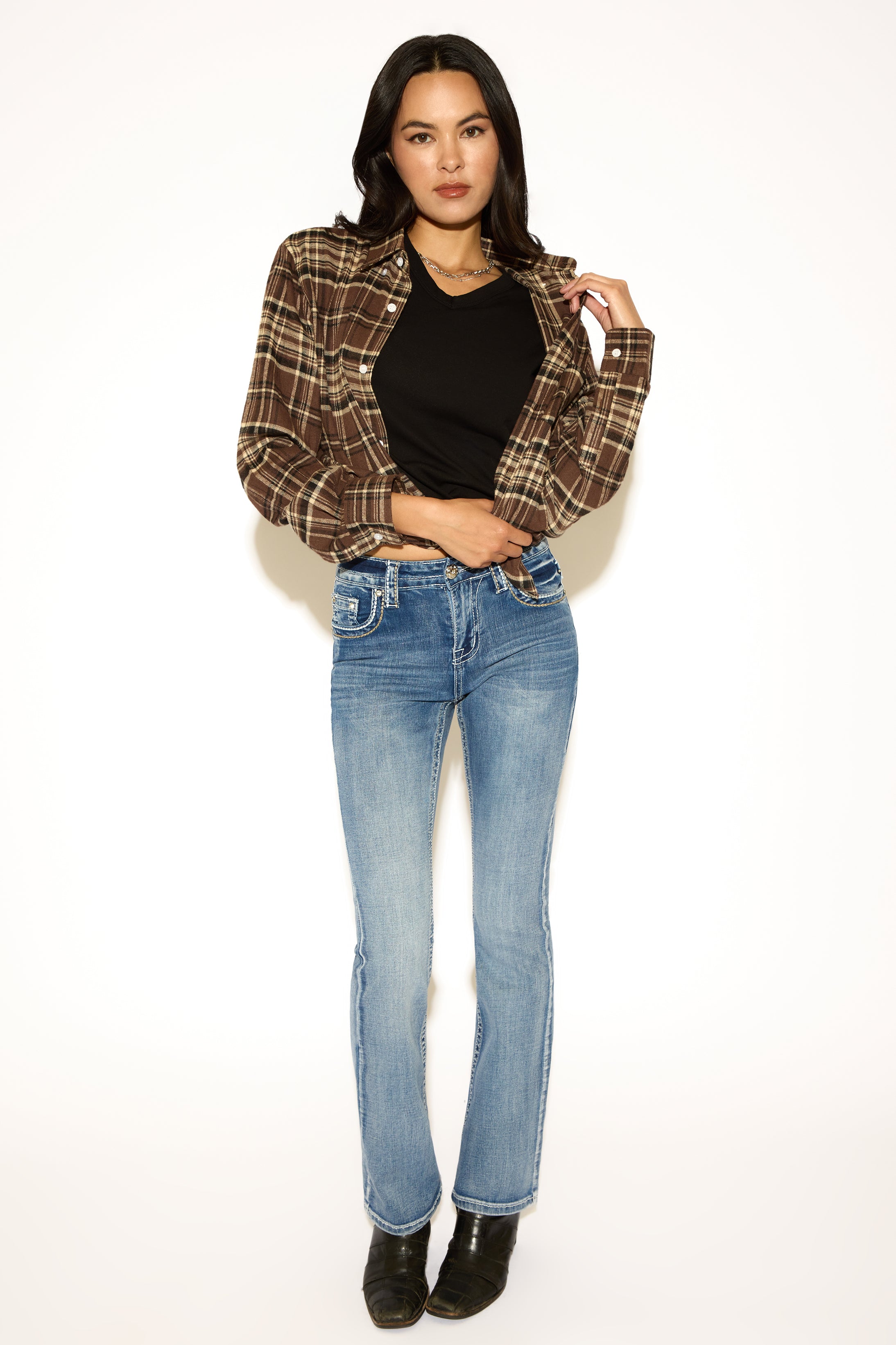 EMBROIDERED BOOTCUT DENIM PANT WITH JEWEL BUTTONS
