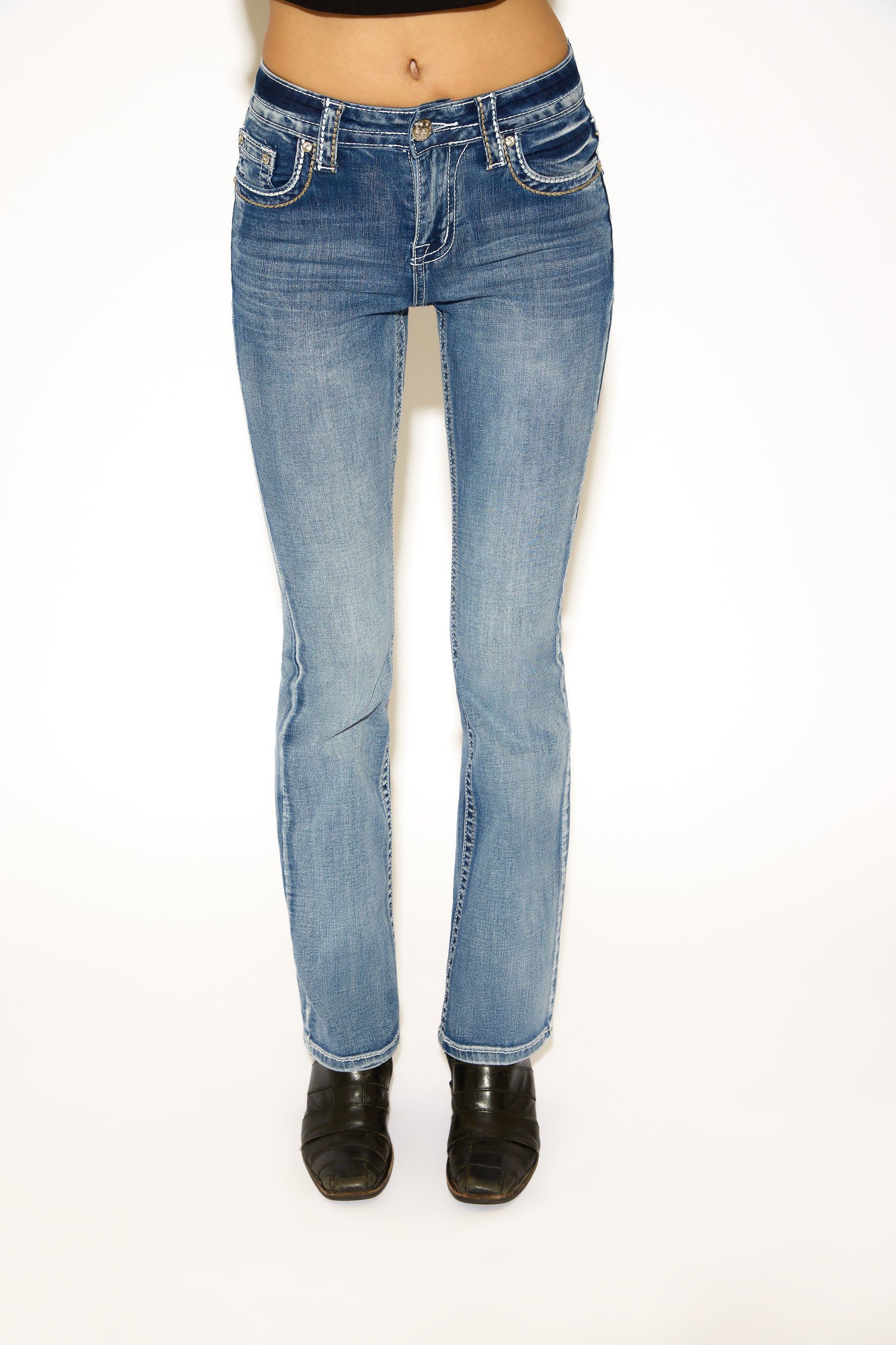 EMBROIDERED BOOTCUT DENIM PANT WITH JEWEL BUTTONS