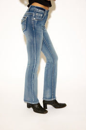 EMBROIDERED BOOTCUT DENIM PANT WITH JEWEL BUTTONS