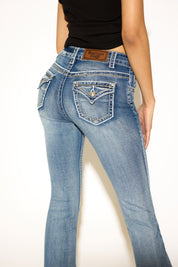EMBROIDERED BOOTCUT DENIM PANT WITH JEWEL BUTTONS
