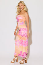 FLORAL PRINT GRADIENT MESH STRAPLESS MAXI DRESS