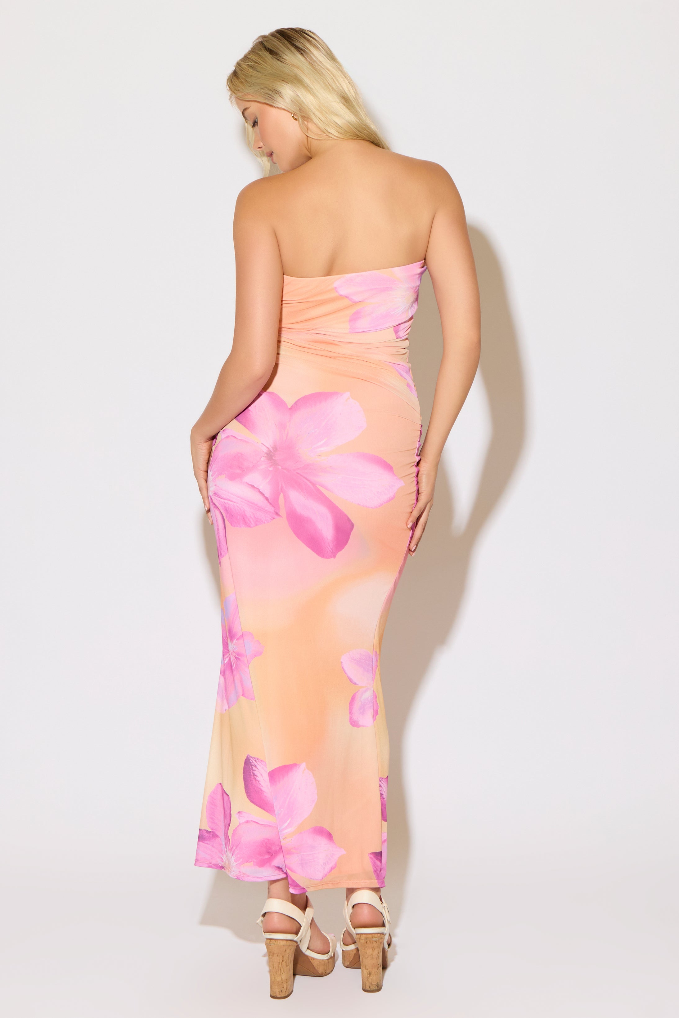 FLORAL PRINT GRADIENT MESH STRAPLESS MAXI DRESS